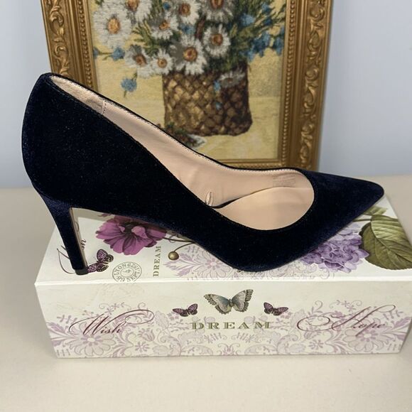 Mango 8-8.5 Midnight Navy Blue Velvet Pumps Stilettos Pointy Toe Heels - Picture 7 of 12